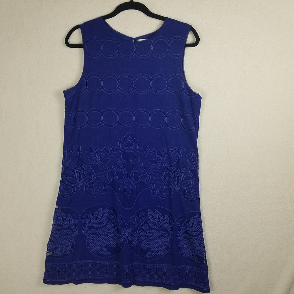 Max Studio Shift Dress Womens Large Royal Blue Excellent Embroidered Lace Floral